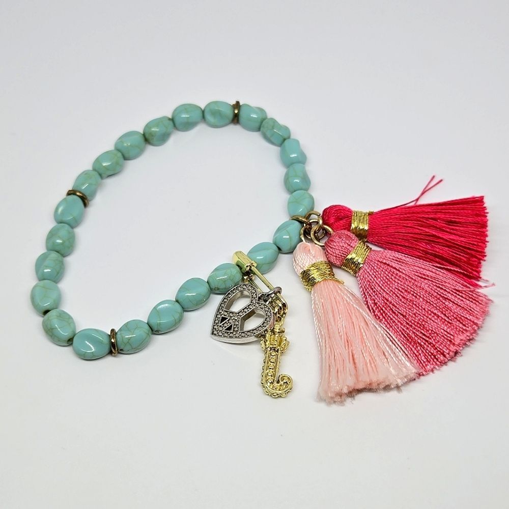 Juicy Couture Faux Turquoise Pink Tassel Charm Stretch Bracelet Barbie Y2K 00s